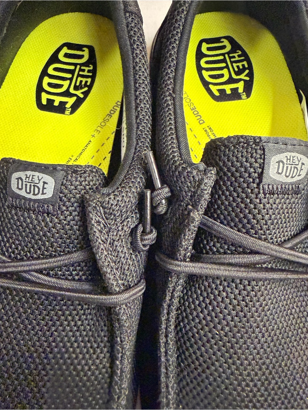 Hey Dude Black Knit Slip-On Loafers with Neon Yellow Insoles